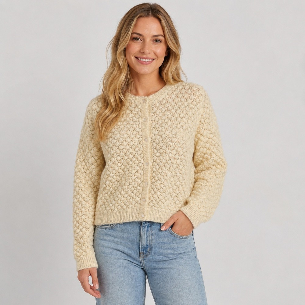 Women's‎ Cream Open Knit Button Cardigan Sweater XS S Cottagecore